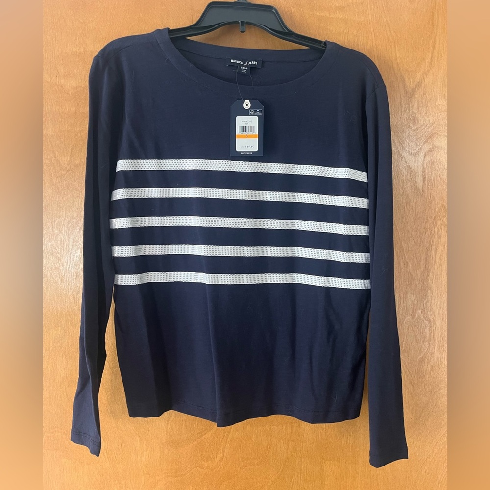 Nautica Women's Long Sleeve Navy and White sequin Striped Tee.